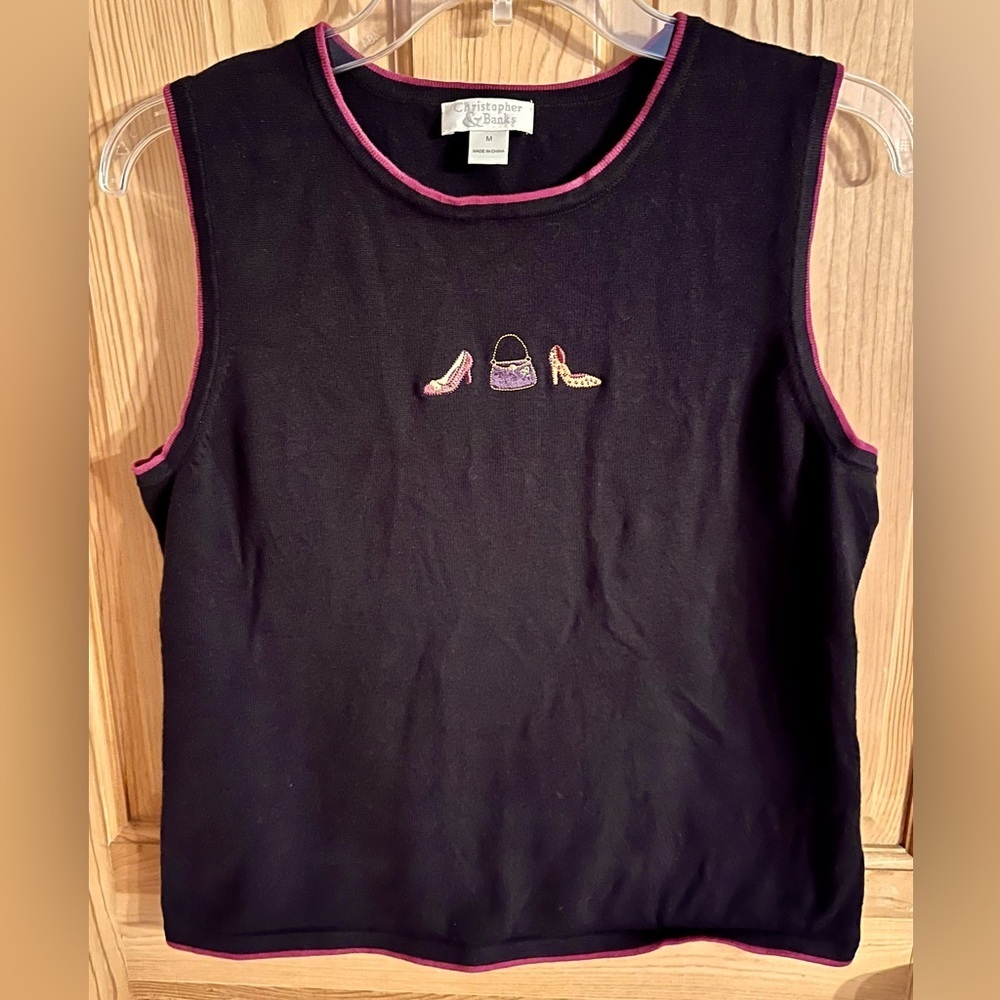 Christopher & Banks Y2K Embroidered Cotton Tank Top Pink Trim SZ M Purse Heels